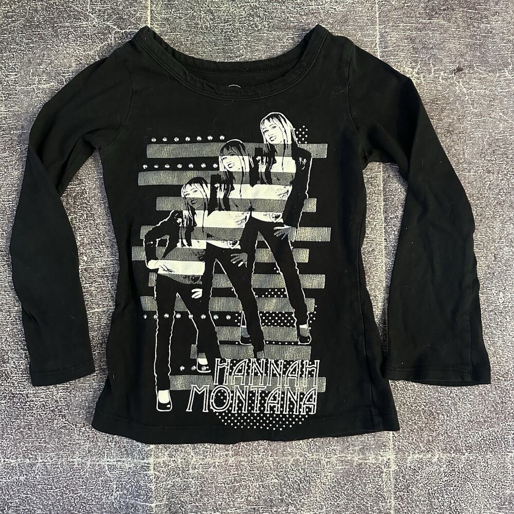 Girls Vintage Y2K Disney Hannah Montana Miley Black Long Sleeve T Shirt Tee Sz S